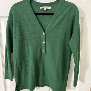 LOFT Forest Green V-Neck Button Pullover Sweater
